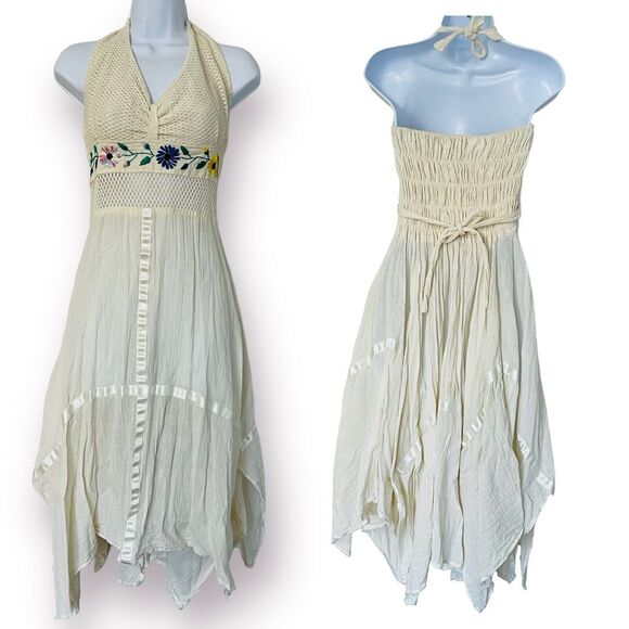 La Chaparrita Dresses & Skirts - La Chaparrita Embroidered Mexican Halter Dress Cotton Scarf Hem Cream Beach S/M